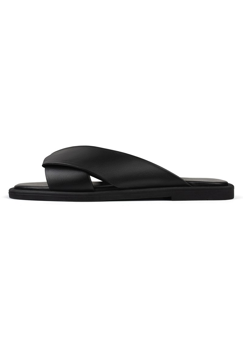 Infradito in pelle nera con design a fascia incrociata, suola piatta e texture liscia con un'estetica minimalista.