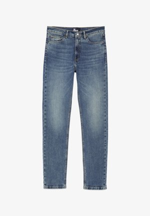 Jeans en denim bleu avec une coupe droite, présentant un léger décoloration, cinq poches, et une fermeture à bouton et zip.