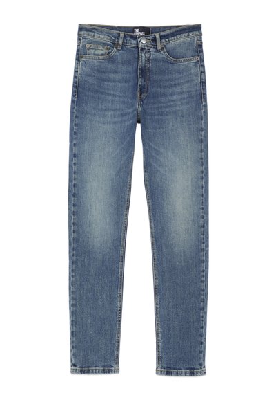Jeans in denim blu con taglio dritto, caratterizzati da una leggera scoloritura, cinque tasche e chiusura con bottone e zip.