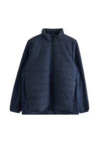 Giacca imbottita blu navy con colletto alto, chiusura frontale con zip, motivo trapuntato sulla parte superiore anteriore e tessuto solido sulle maniche.