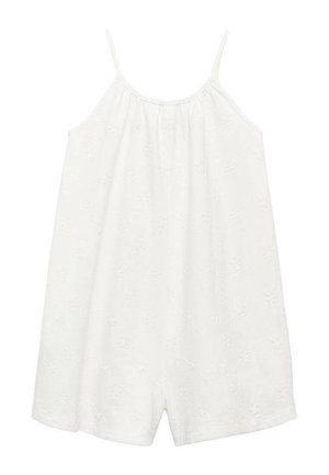 Romper blanc sans manches avec fines bretelles, encolure froncée, motif floral texturé et coupe décontractée. Le tissu semble léger et respirant.