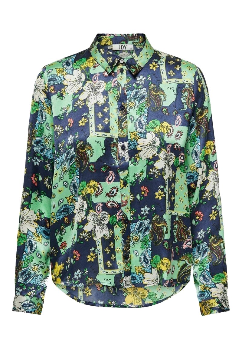 Camicia a maniche lunghe con bottoni, caratterizzata da un motivo floreale e paisley nei colori verde, blu navy e giallo. Realizzata in tessuto liscio e lucido con colletto classico.
