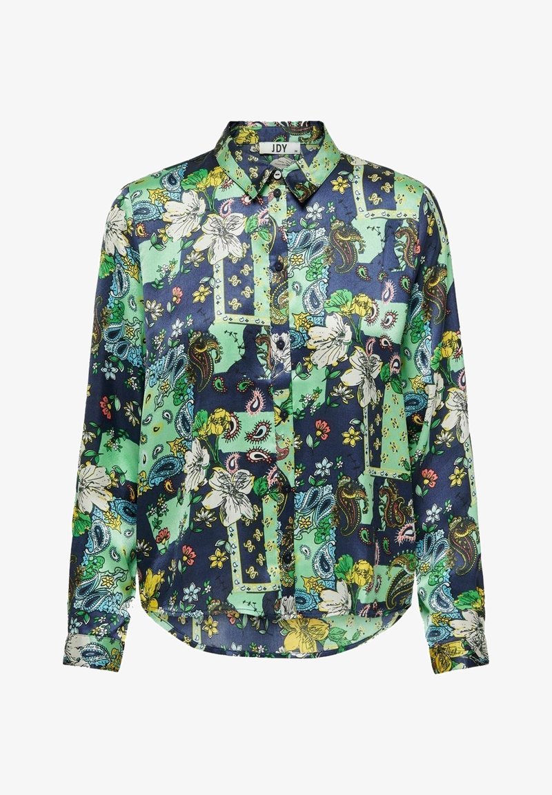 Camicia a maniche lunghe con bottoni, caratterizzata da un motivo floreale e paisley nei colori verde, blu navy e giallo. Realizzata in tessuto liscio e lucido con colletto classico.