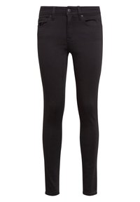 Jeans skinny negros hechos de tejido elástico, con cierre de botón en el frente, trabillas para cinturón y diseño de cinco bolsillos con costuras sutiles.
