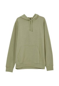 Felpa verde oliva in misto cotone, con tasca frontale, cappuccio con cordini e polsini a costine per una vestibilità comoda.