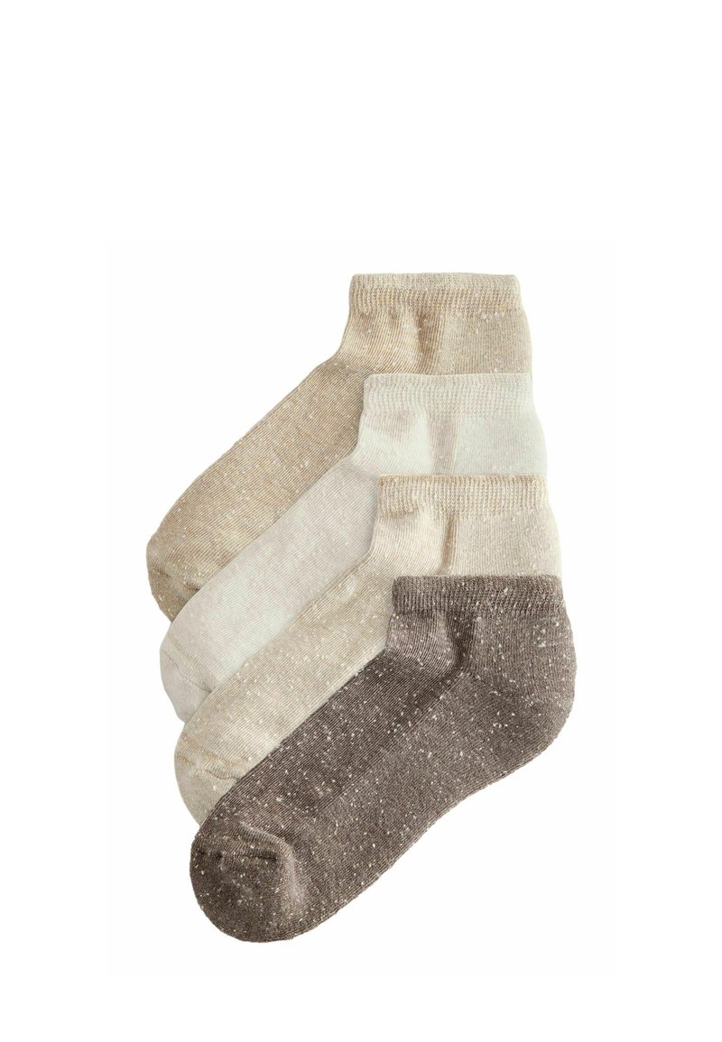 Vier Paar Socken in verschiedenen Beigetönen und Braun, mit einer gesprenkelten Textur und gerippten Bündchen, hergestellt aus weichem Material.