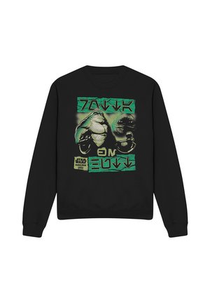Schwarzer Sweatshirt mit grünem Star Wars Mandalorian Charakterdesign und außerirdischer Kreatur, mit stilisiertem Text in Sci-Fi-Schriftart.