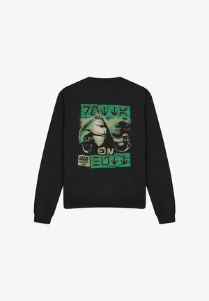 Schwarzer Sweatshirt mit grünem Star Wars Mandalorian Charakterdesign und außerirdischer Kreatur, mit stilisiertem Text in Sci-Fi-Schriftart.