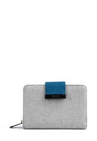 Grey textured fabric wallet with a blue accent flap and black hardware. Features a zip closure and streamlined rectangular shape.