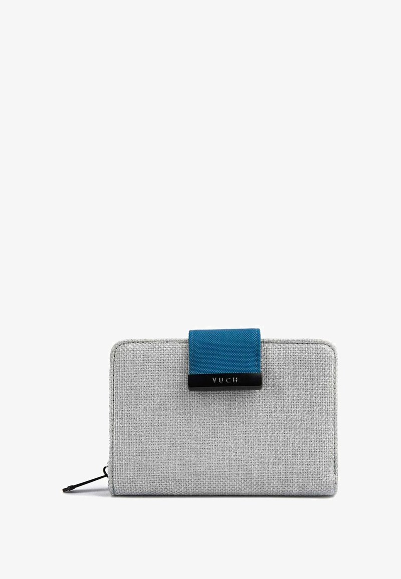 Grey textured fabric wallet with a blue accent flap and black hardware. Features a zip closure and streamlined rectangular shape.