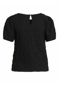 Top nero a maniche corte realizzato in tessuto texturizzato e stropicciato, con scollatura a V e un'apertura a forma di chiave sul retro.