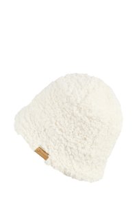 White fleece beanie with a textured, fluffy exterior. Features a small tan label on the side, designed to fit snugly on the head.