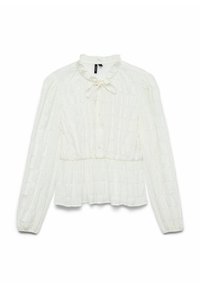 Vit långärmad blus med volangkrage, knappstängning, texturerad tyg och insvängd midja för en figurnära framtoning.