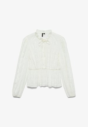 Hvid langærmet bluse med en flæsekrave, knaplukninger, tekstureret stof og en indsnævret talje for et figursyet udseende.