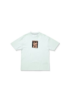 Biały t-shirt z krótkim rękawem z małą centralną grafiką dwóch abstrakcyjnych nagich postaci obejmujących się oraz napisem "Volcom Stone" nad nimi.