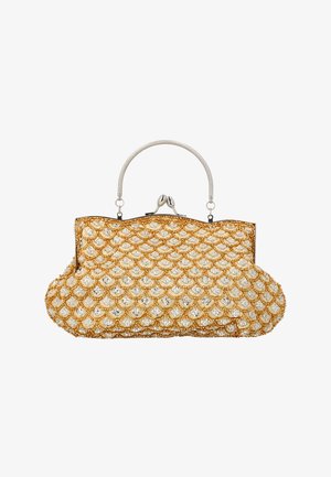 Posetă tip clutch vintage, ținută în mână, cu model de scoică din mărgele aurii și perle și cu ramă și închidere metalică argintie.