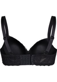 Black lace bra with underwire, smooth cups, adjustable straps, and a hook-and-eye closure. Features intricate lace detailing on the band.