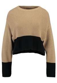 Pull court en grosse maille avec partie supérieure beige, section médiane noire et poignets noirs, doté de manches longues et d'un col rond.