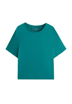 Teal oversized T-shirt met korte mouwen, een ronde hals en een rechte zoom, weergegeven op een witte achtergrond.