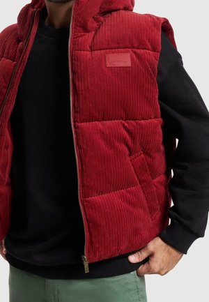 Uomo che indossa un gilet imbottito in velluto a coste rosso sopra una camicia nera a maniche lunghe con pantaloni verdi, mano appoggiata vicino alla tasca del gilet.