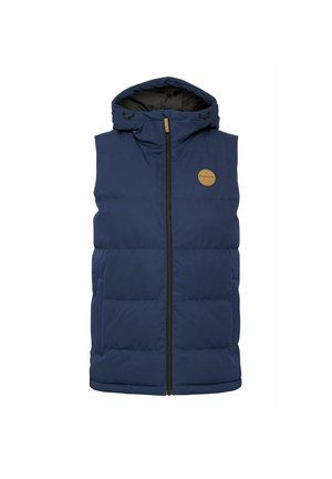 Gilet matelassé bleu marine avec capuche, doté d'une fermeture éclair à l'avant, d'un patch de logo rond et de sections cousues pour l'isolation. Texture lisse.