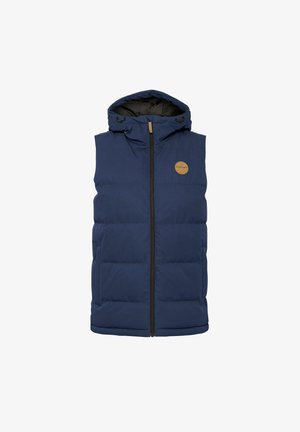 Námořnická modrá puffer vesta s kapucí, s předním zipem, kulatou nášivkou a prošívanými sekcemi pro izolaci. Hladký povrch.