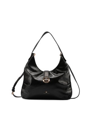 Bolso hobo de cuero negro con cierre circular dorado, correa de hombro ajustable y logo sutil de la marca en el centro frontal.