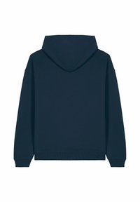 Felpa con capucio di un blu scuro, dotata di tasca a marsupio, polsini e orlo a coste. Presenta un grande cappuccio senza loghi o motivi visibili sul retro.