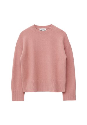 Rosa gestrickter Pullover mit Rippenbund und -ärmeln, Rundhalsausschnitt und überschnittenem Schnitt. Weiche Textur mit einer fein gewebten Oberfläche.