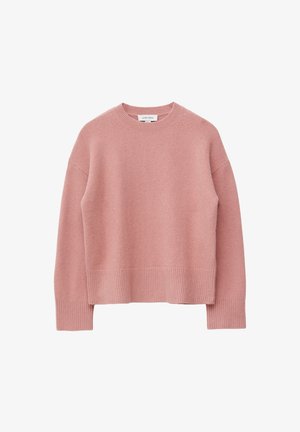 Pink knitted sweater featuring a ribbed hem and cuffs, round neck, and oversized fit. Soft texture with a finely woven finish.