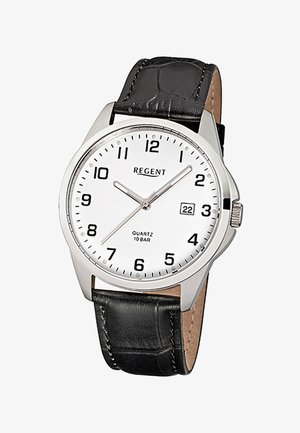 Montre-bracelet à cadran blanc avec chiffres arabes noirs, fenêtre de date à 3 heures, boîtier argenté et bracelet en cuir noir.