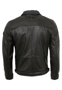 Schwarze Lederjacke mit glatter Textur, gesteppte Schulterakzente und klassischem Kragen. Verfügt über Druckknöpfe am Saum und an den Bündchen.