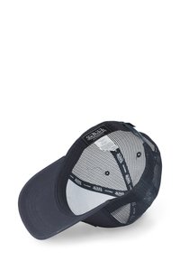 Navy blue cap with a solid front panel and mesh back; features a curved brim and adjustable snap closure. Labels inside for brand identification.