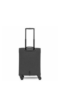 Grauer Stoffkoffer mit einem ausziehbaren Griff, vier Rollen und einer schlanken rechteckigen Form. Minimalistisches Design ohne sichtbare Muster.