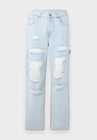 Light blue denim jeans with distressed rips at the knees, a straight leg fit, and a waistband with a button closure. Features a fabric patch.