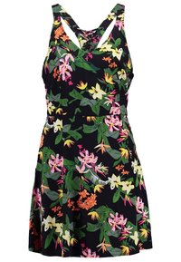 Blumenkleid mit schwarzem Hintergrund, das lebendige pinke, gelbe und orangefarbene Blumen zeigt; überkreuzte Träger; leichtes Material.