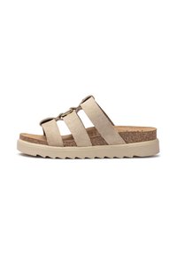 Sandal de ante en beige con tres correas anchas, plantilla de corcho y suela de goma texturizada de color claro con un patrón de zigzag.