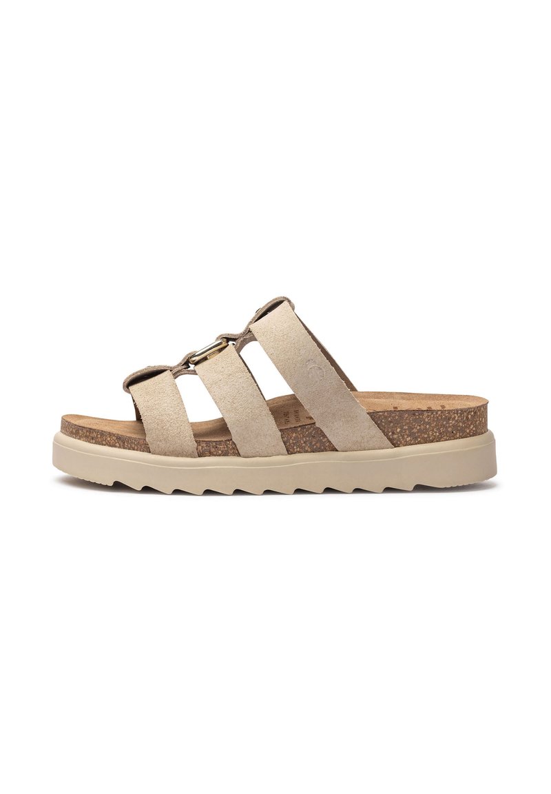 Sandal de ante en beige con tres correas anchas, plantilla de corcho y suela de goma texturizada de color claro con un patrón de zigzag.