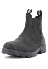 Stivale Chelsea in pelle nera con pannelli laterali elasticizzati, punta rotonda e suola in gomma robusta. Caratterizzato da cuciture a contrasto e linguette di estrazione.