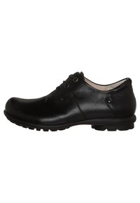 Black leather shoes with a rounded toe, lace-up design, and textured upper. Features two decorative buttons and a rubber sole for traction.