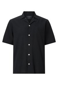 Schwarzes Kurzarmshirt aus strukturierter Stoff, mit einem eingeschnittenen Kragen, Knopfleiste und gesticktem Logodetail.