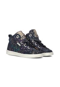 Mid-top sneakers van marineblauwe stof met multicolore pailletten. Witte rubberen zool, zwarte veters en dierenprintaccenten op de tong.