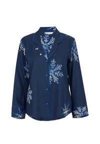 Granatowa bawełniana piżama z długim rękawem, z białym i niebieskim haftem w kształcie płatków śniegu, kontrastowym niebieskim wykończeniem i zapięciem na guziki.