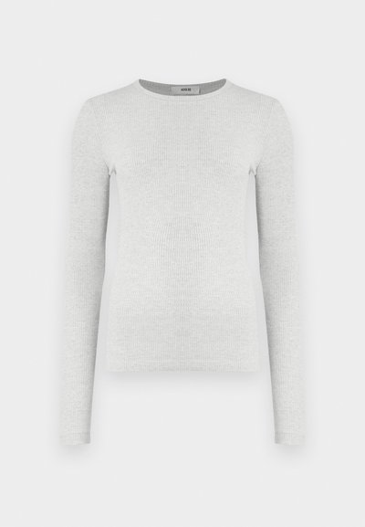 Long-sleeve gray ribbed knit top, round neckline, fitted silhouette, smooth texture, with no visible logos or embellishments.