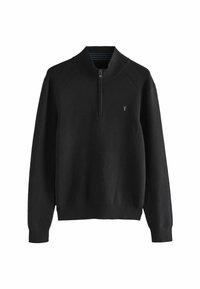 Maglione nero con collo a mezza zip, polsini a costine e un logo discreto sul petto. Realizzato in un tessuto morbido e di trama.