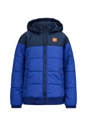 Giacca puffer blu con parte superiore blu scuro, zip frontale, polsini elasticizzati e cappuccio. Presenta un piccolo logo arancione sul petto.