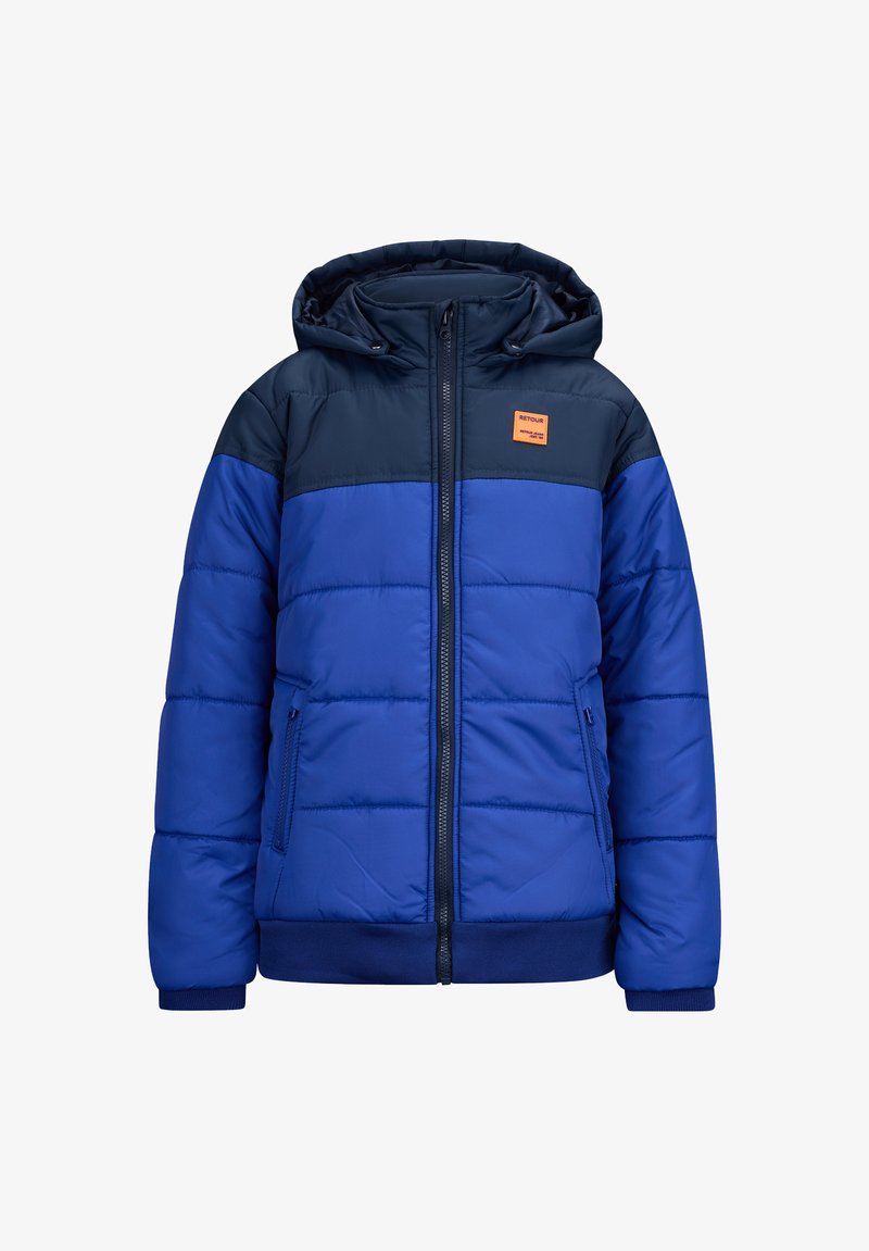 Blaues Steppjacke mit einem navyfarbenen oberen Abschnitt, Frontreißverschluss, elastischen Bündchen und Kapuze. Auf der Brust befindet sich ein kleines oranges Logo.