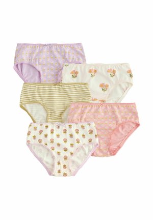 Vijf paar katoenen meisjesondergoed: pastelkleuren, bloemmotieven, strepen en afwerkingsdetails; verschillende tinten roze, paars en beige.