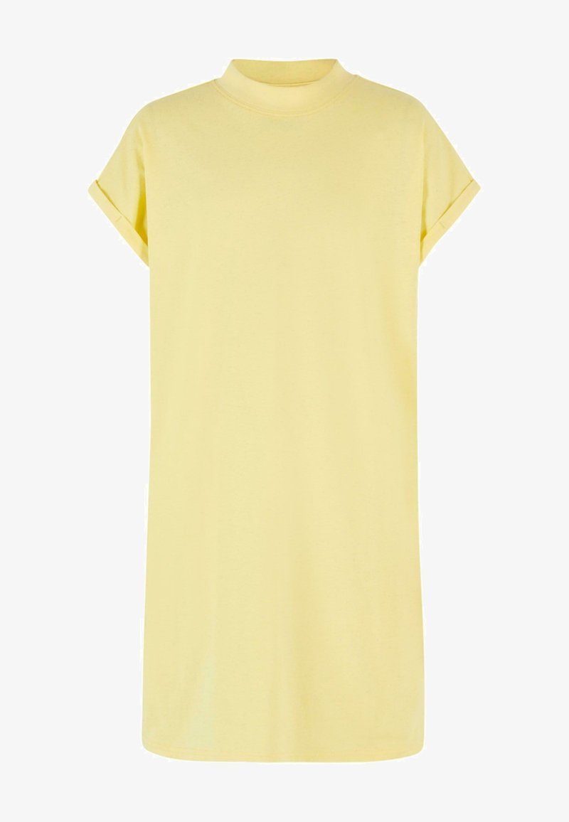 Rumena bombažna obleka s kratkimi rokavi in okroglim ovratnikom. Preprosta, ravna kroj s prijetno mehkobo.