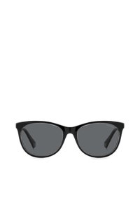 Occhiali da sole neri a forma di occhio di gatto con lenti scure. Montatura in plastica lucida caratterizzata da un profilo slim e aste affusolate. Marchio Polaroid sulla lente.